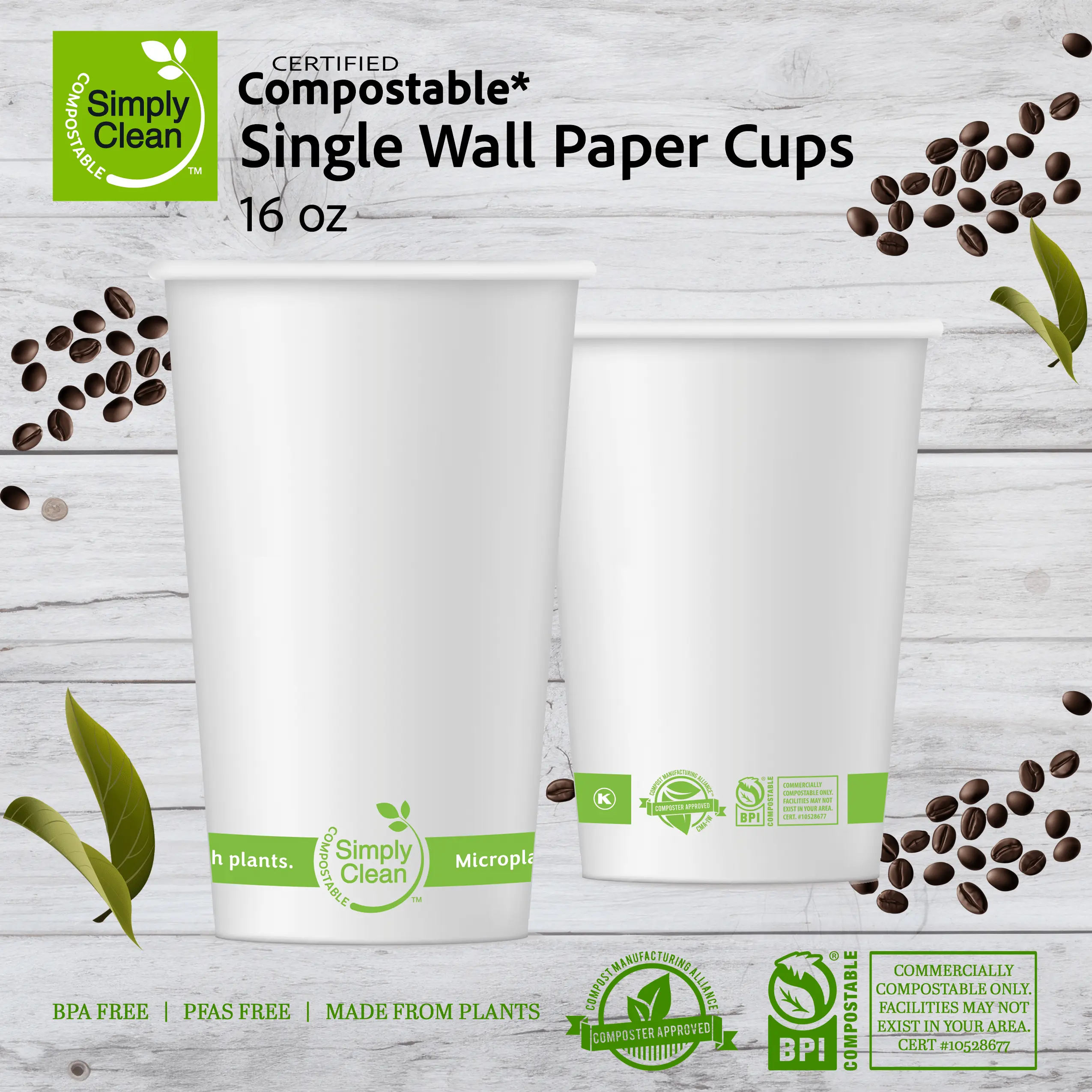 16 oz Compostable Single Wall Paper Cups (1,000 Count)