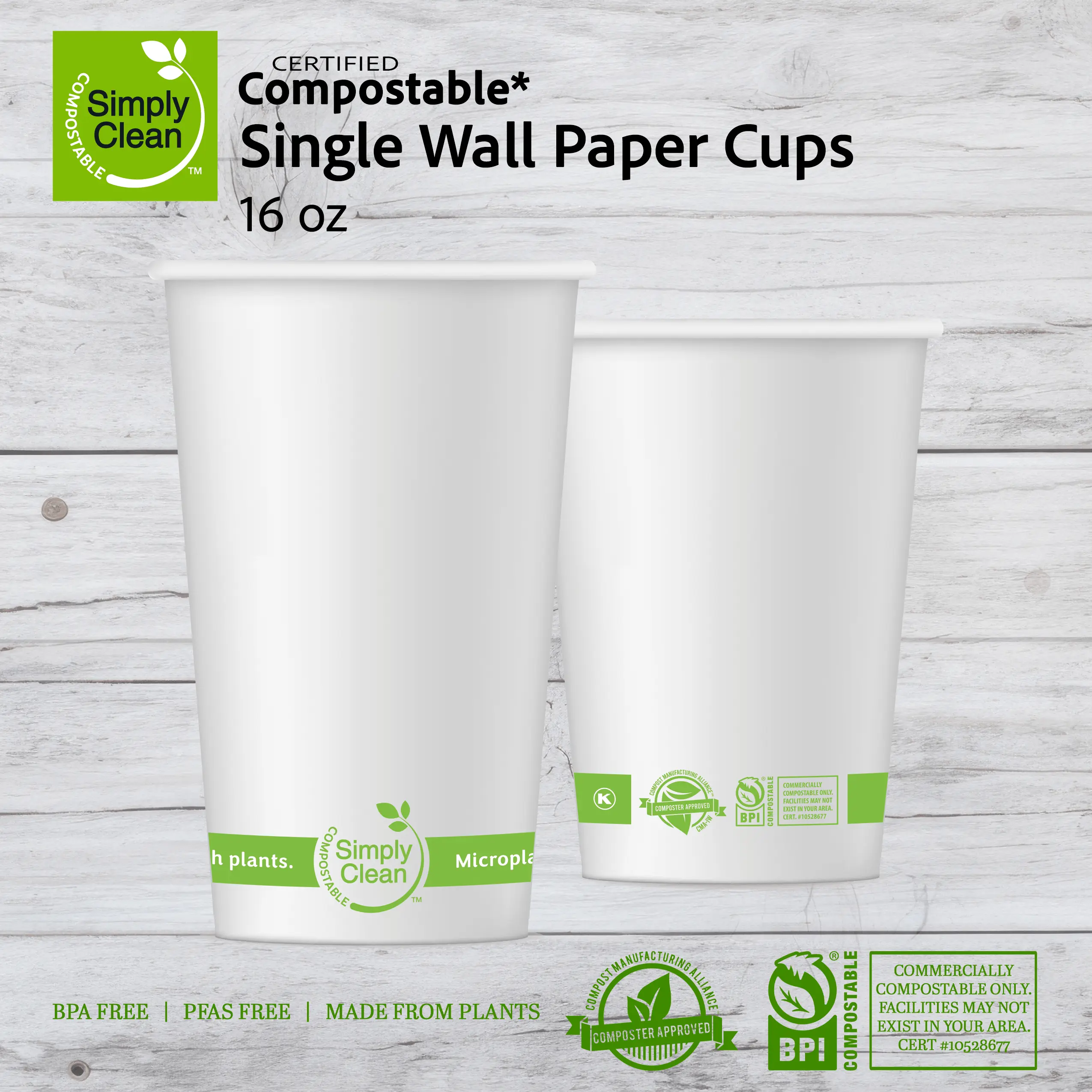 16 oz Compostable Single Wall Paper Cups (1,000 Count)