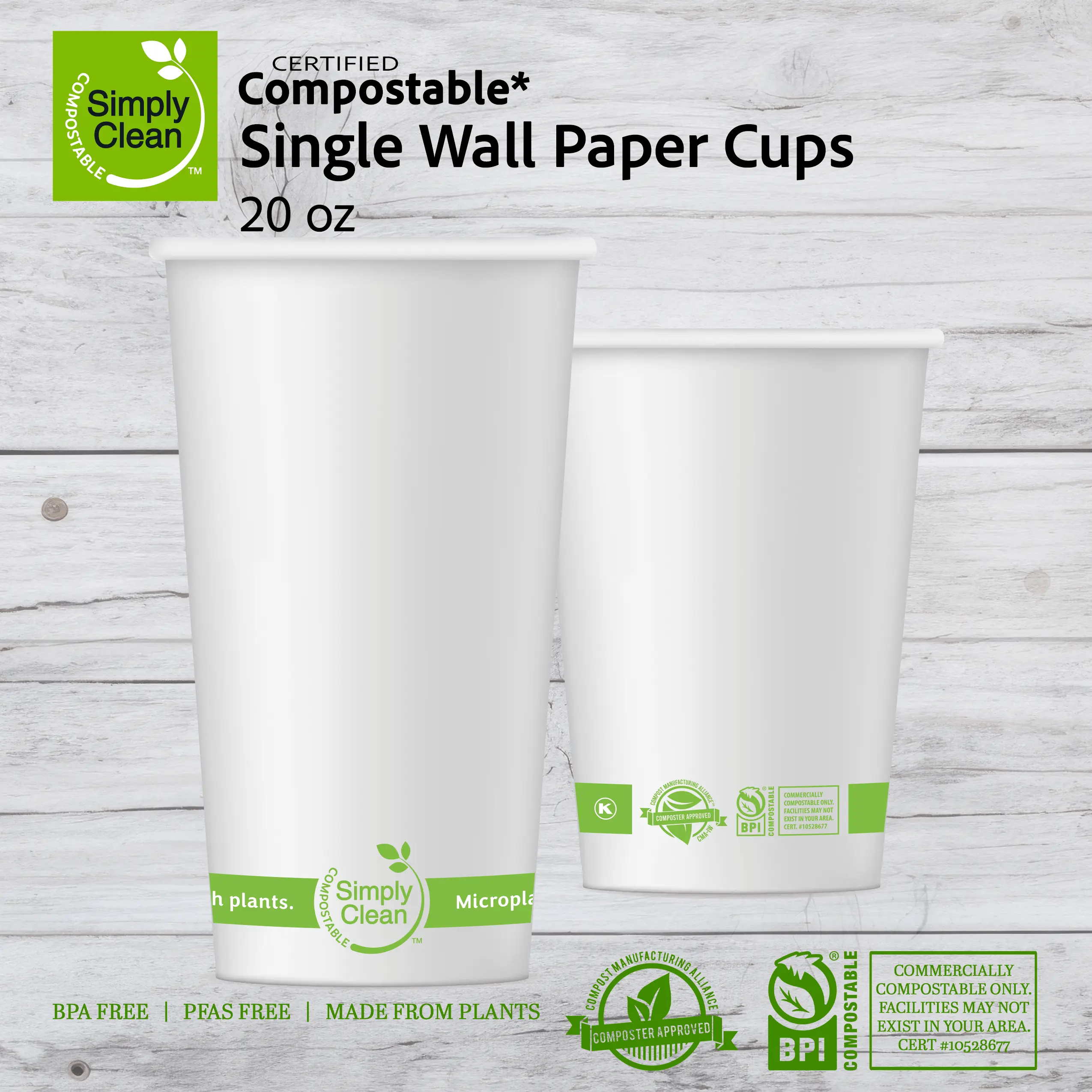 20 oz Compostable Single Wall Paper Cups (1,000 Count)